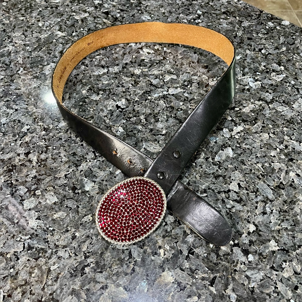 Neiman Marcus Vintage Black Leather Belt With Red Gemstone Buckle